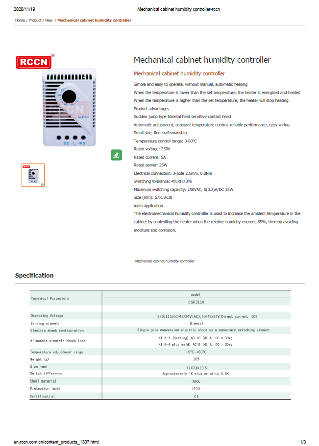 Mechanical cabinet humidity controller